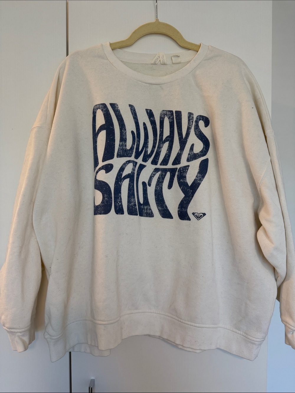 Roxy Cream Crewneck Sweatshirt with Navy 'Always Salty' Graphic
